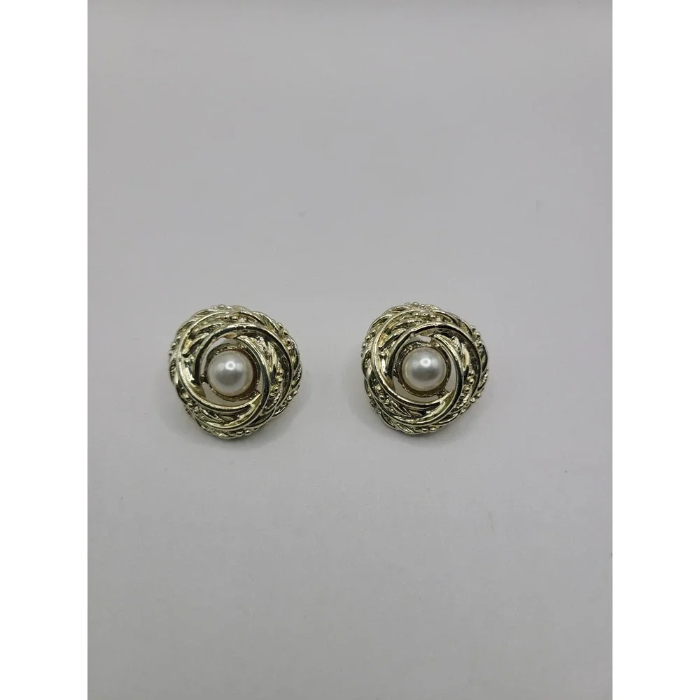 Gold Tone Swirl Knot Faux Pearl Stud Earrings Vintage Textured Rope Post Earring